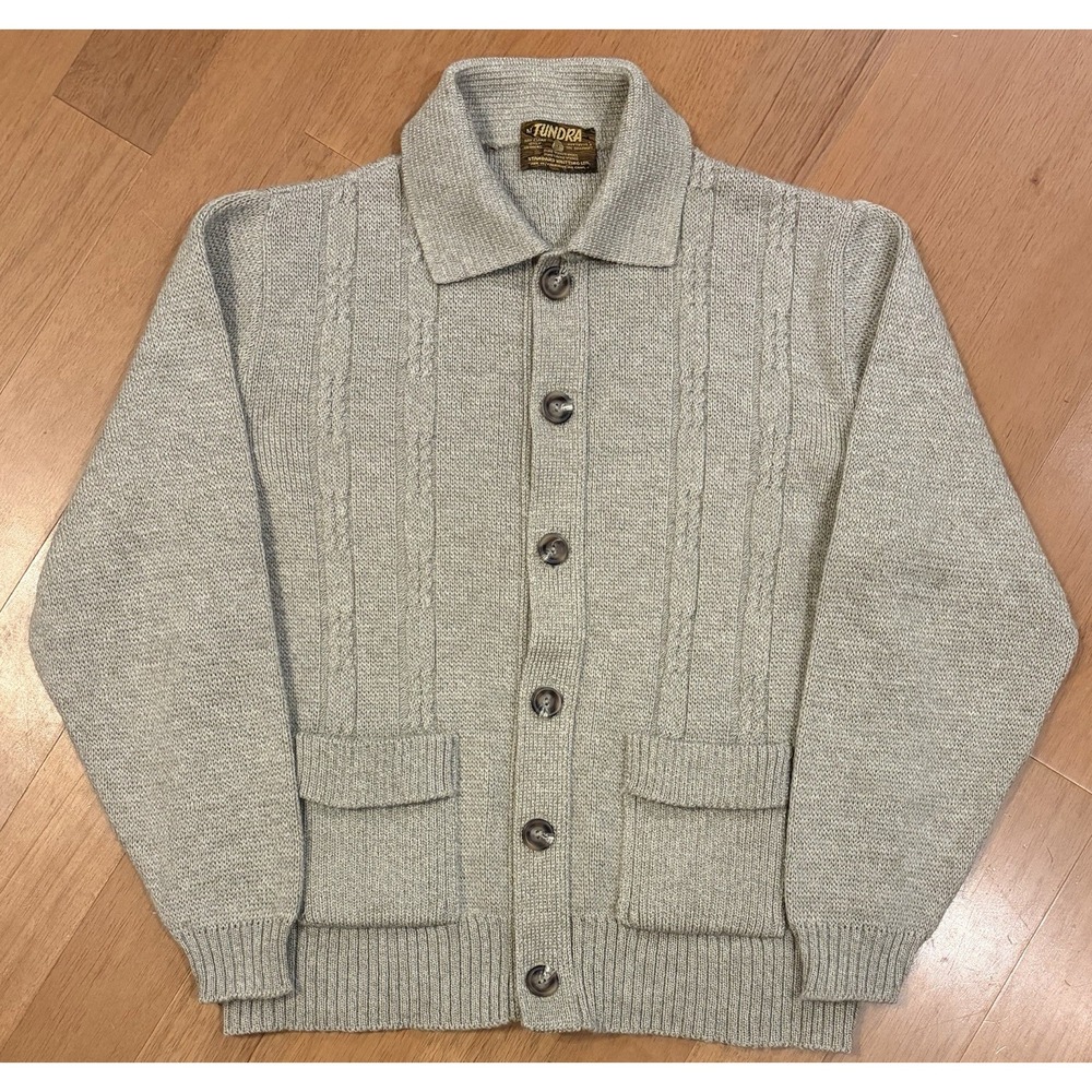 Vintage Tundra Sweater L Virgin Wool Collar Cableknit Pockets Cardigan Buttons